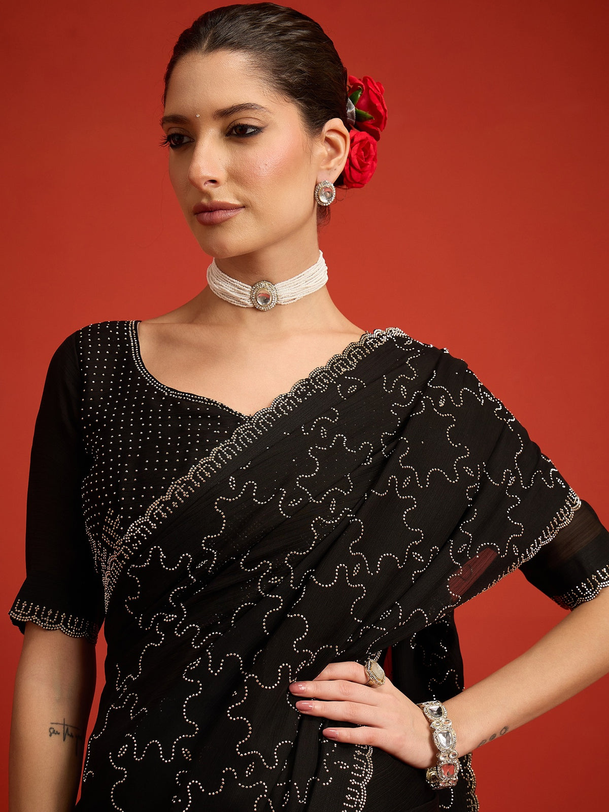 Black Chiffon saree – detail view 3