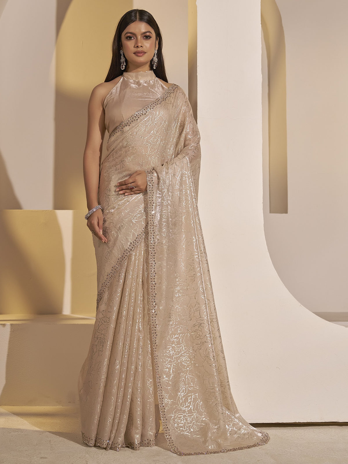 Beige foil satin silk saree with beige blouse piece