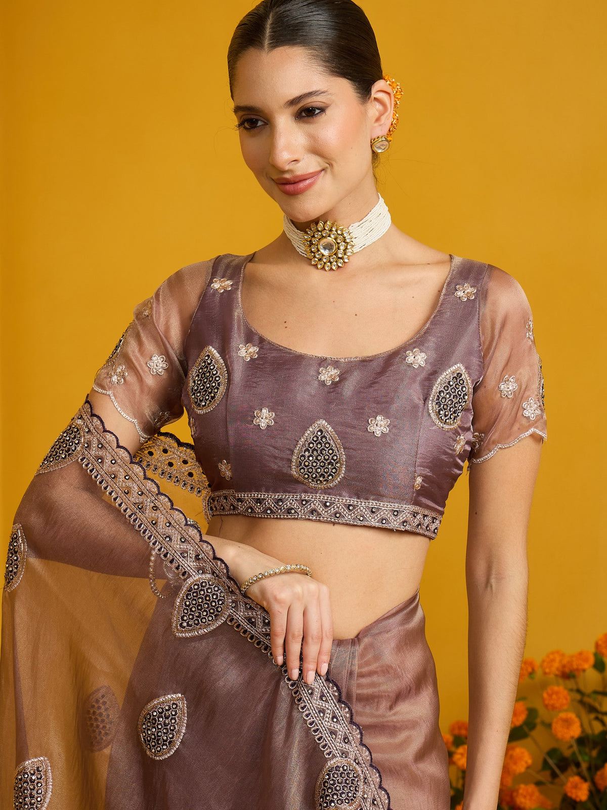 Rose Gold Organza saree – detail view 5