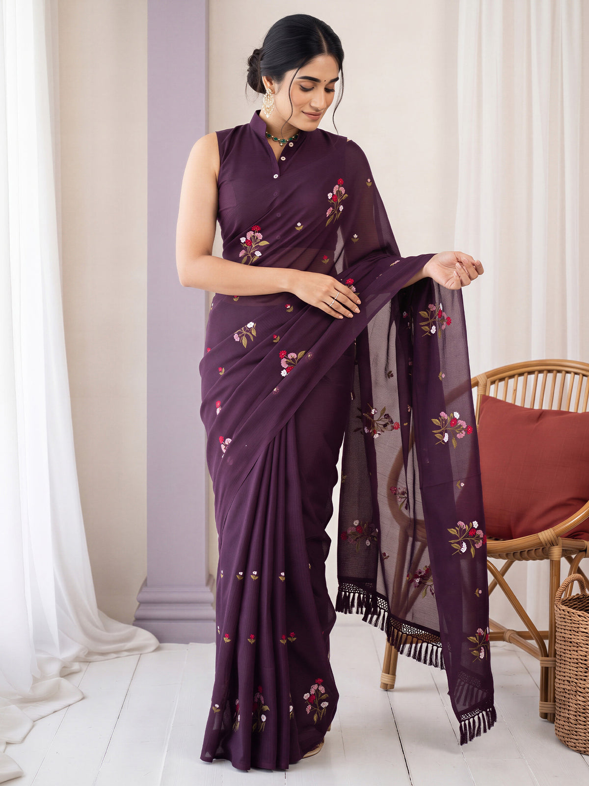 Wine Kota Doria Cotton saree – detail view 3