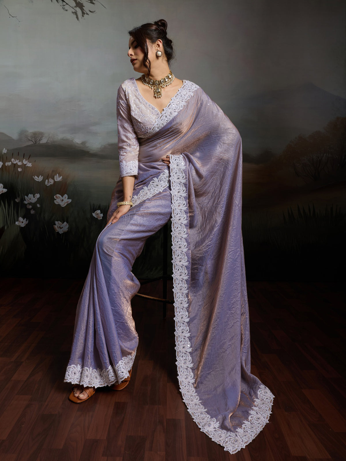 Lavender Satin Silk saree – detail view 2