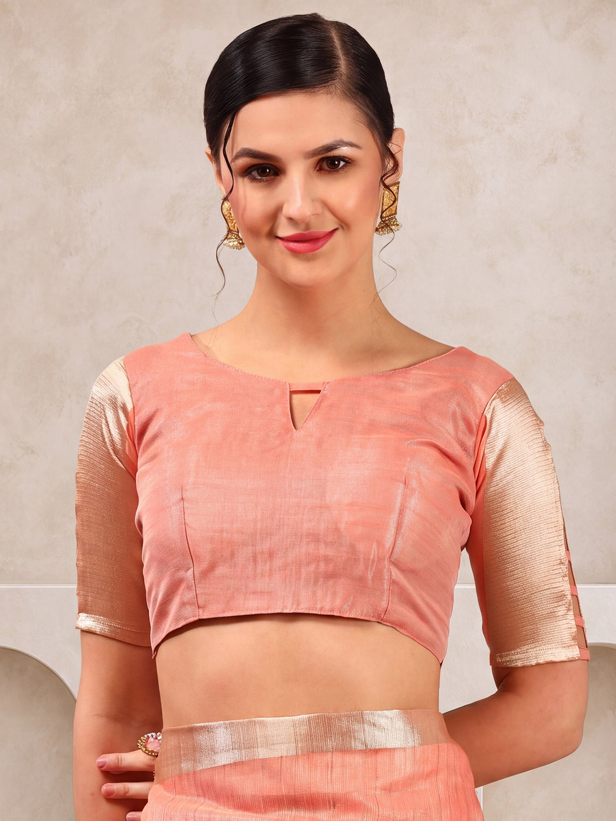 Unstitched peach linen blouse piece with woven design design