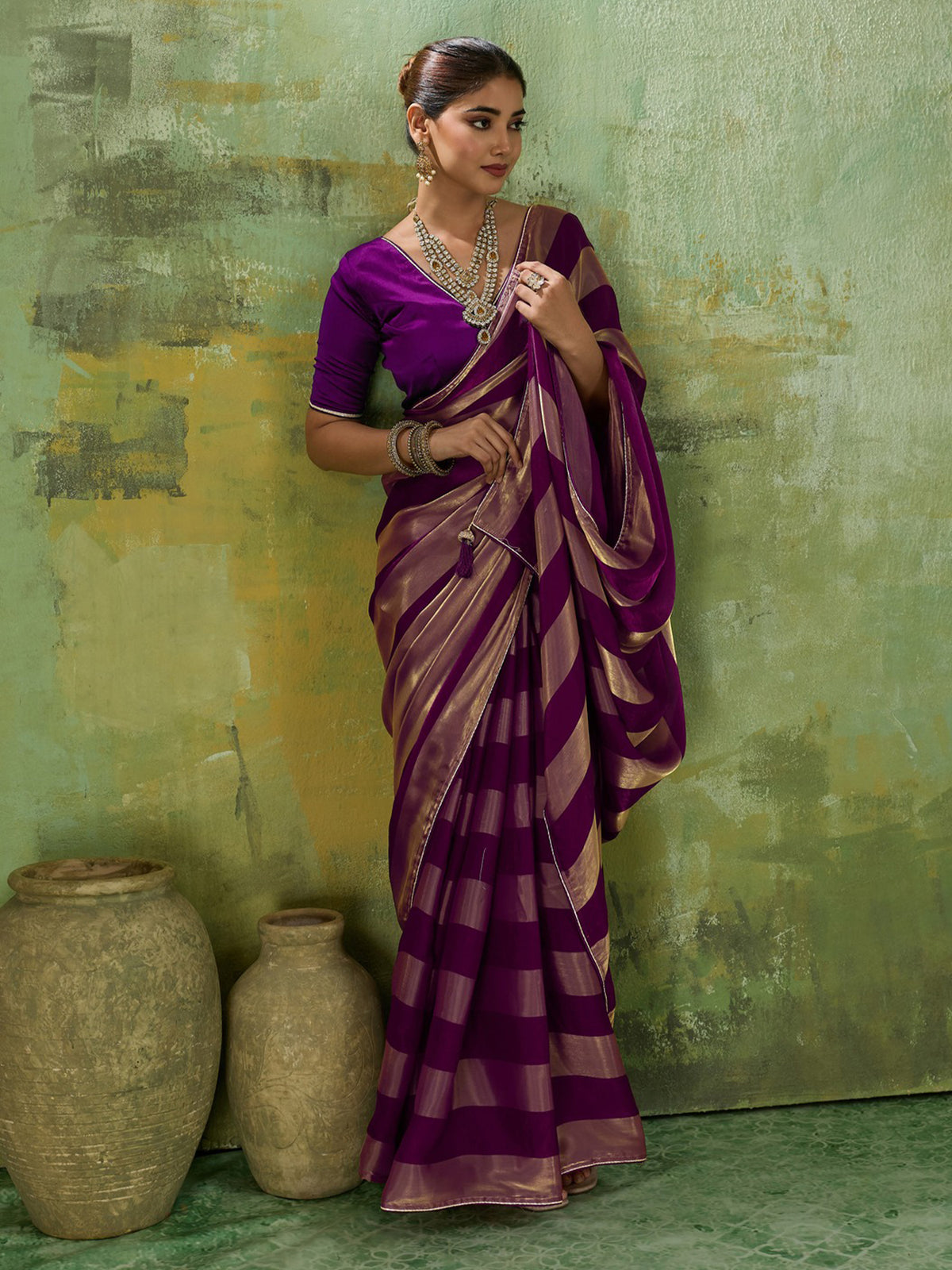Violet Satin Silk saree – detail view 4