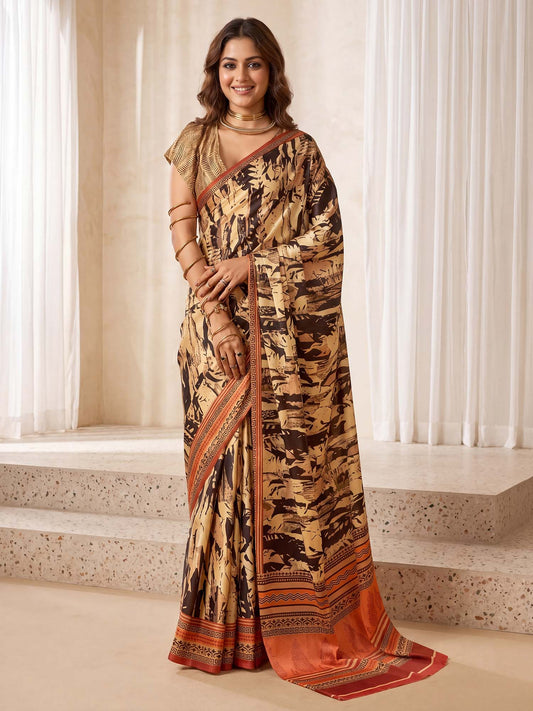 Woman wearing beige crepe saree with abstract contemporary design and beige blouse