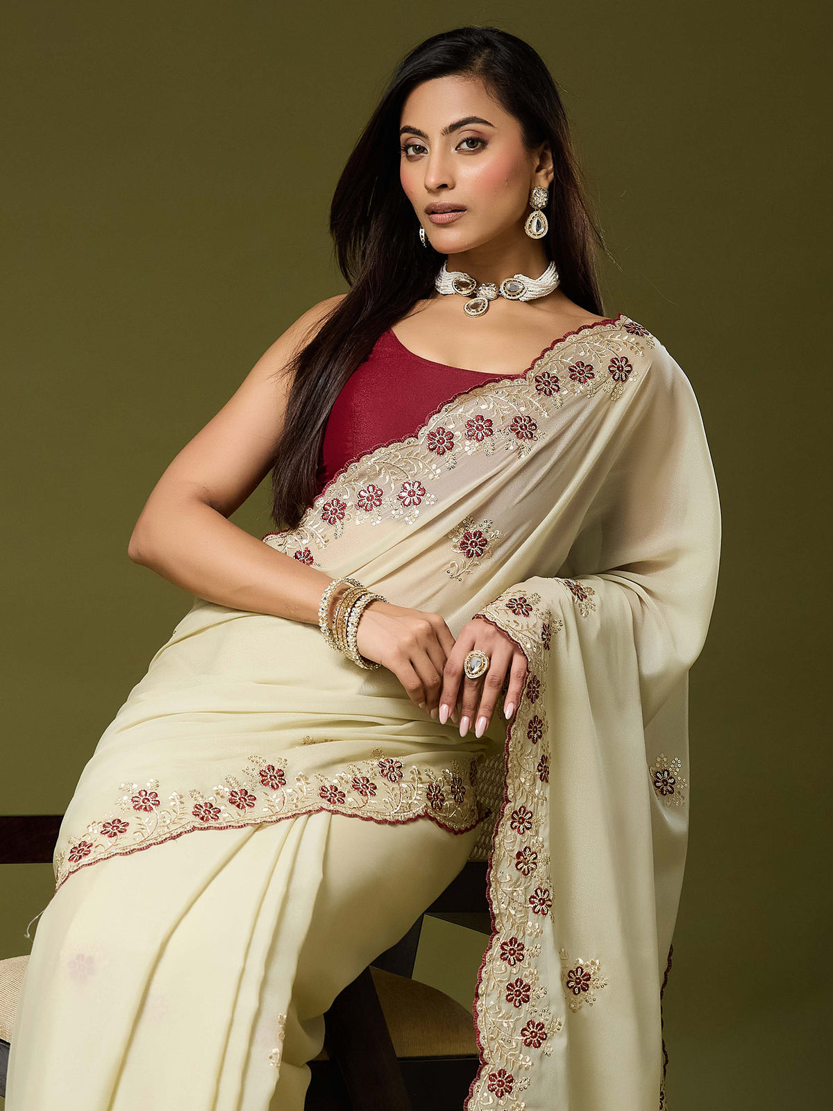 Cream Georgette saree – detail view 3