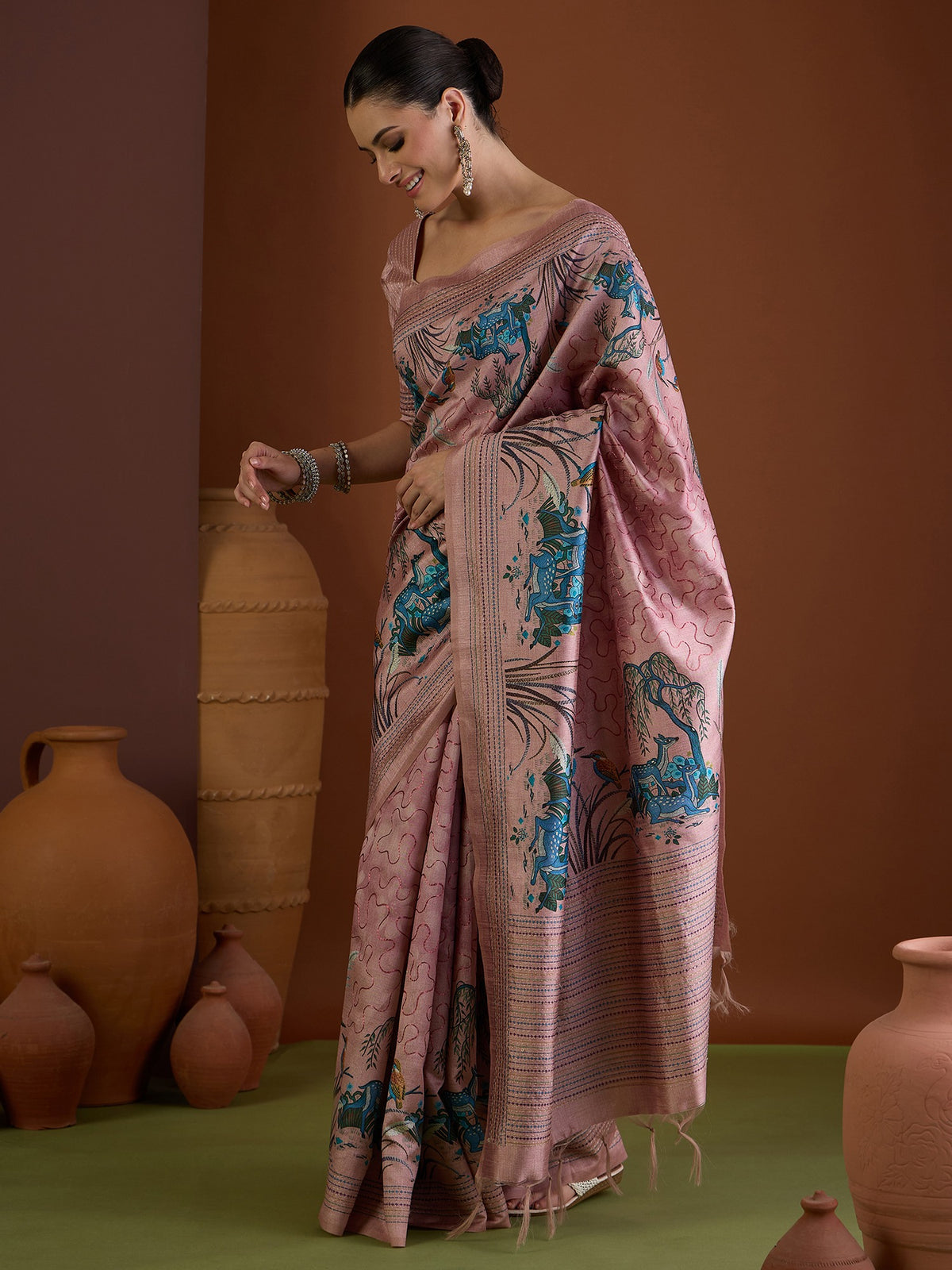 Pink art silk saree view 3