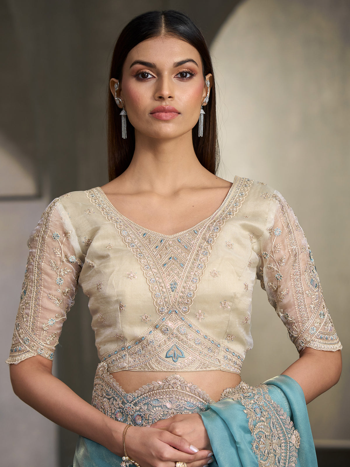 Unstitched off white tissue blouse piece with embellished design