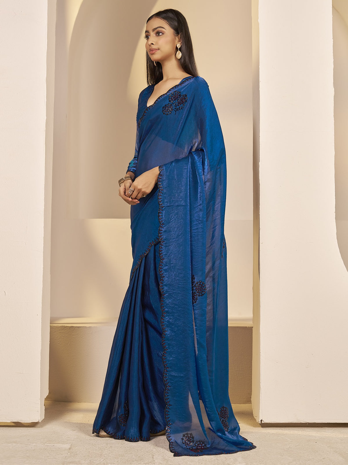 Teal Blue satin silk saree view 1