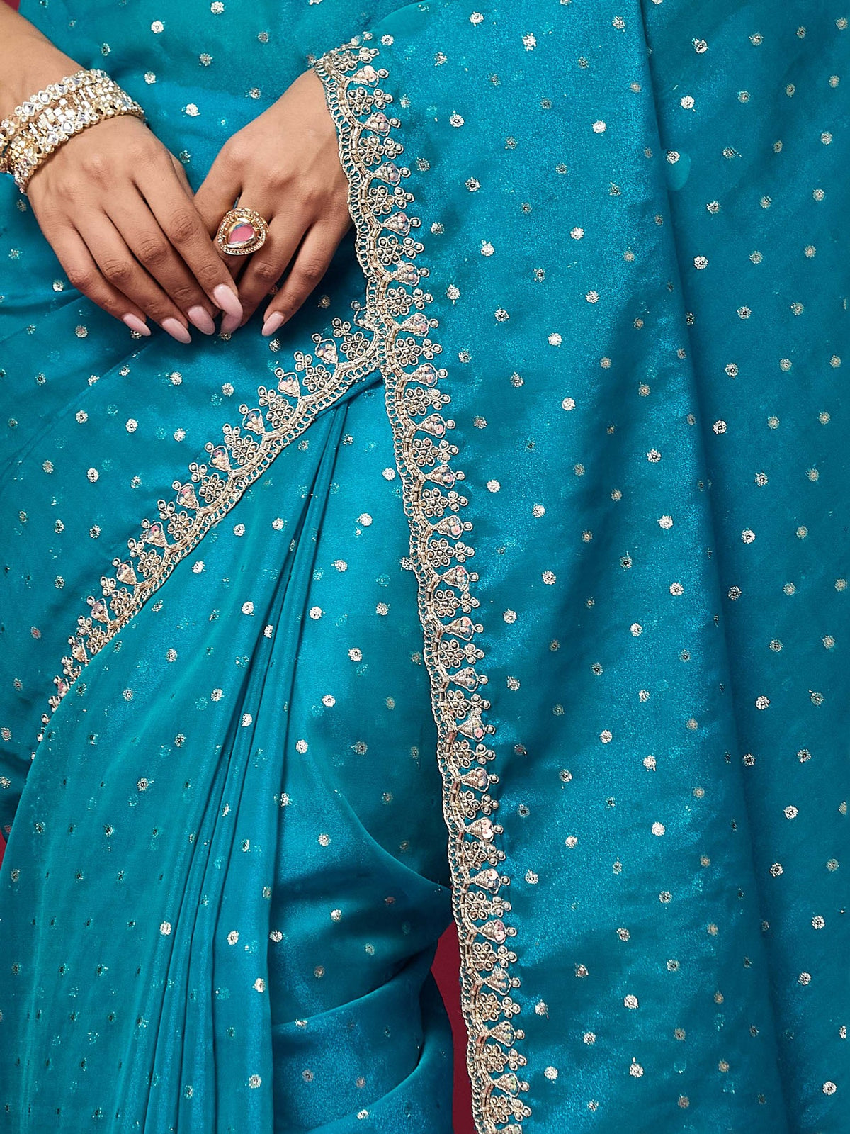 Turquoise Blue Georgette saree – detail view 3