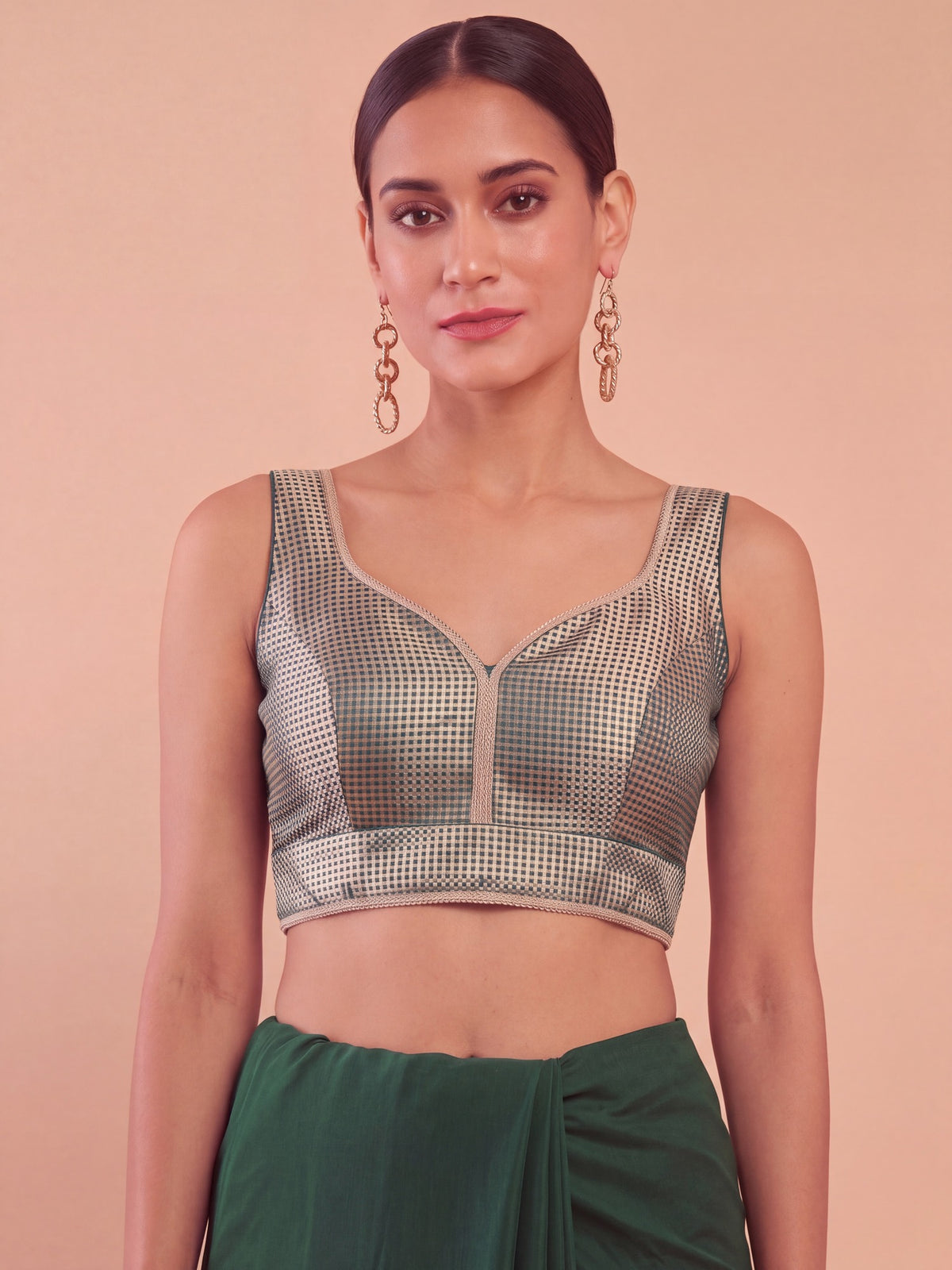 Dark Green woven metallic jacquard sleeveless readymade saree blouse with sweetheart neck view 2