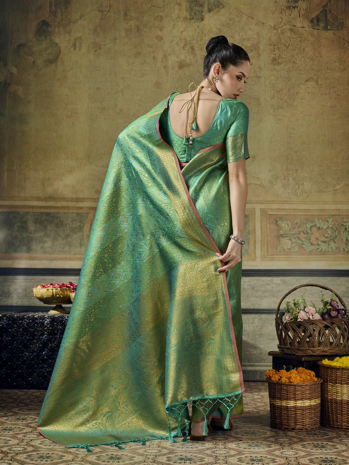 Teal Green Pure Silk saree – detail view 3