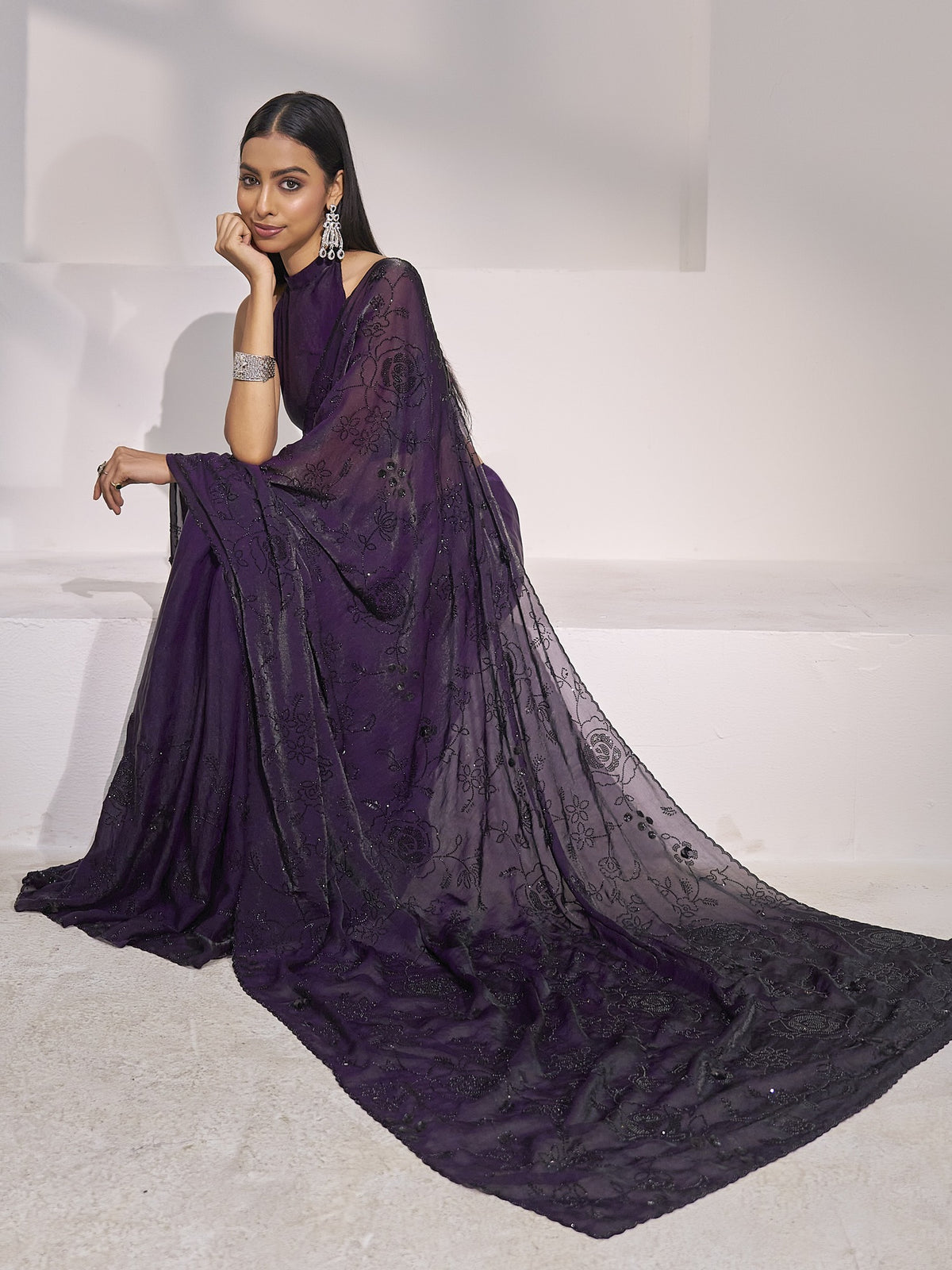 Purple satin silk saree view 3
