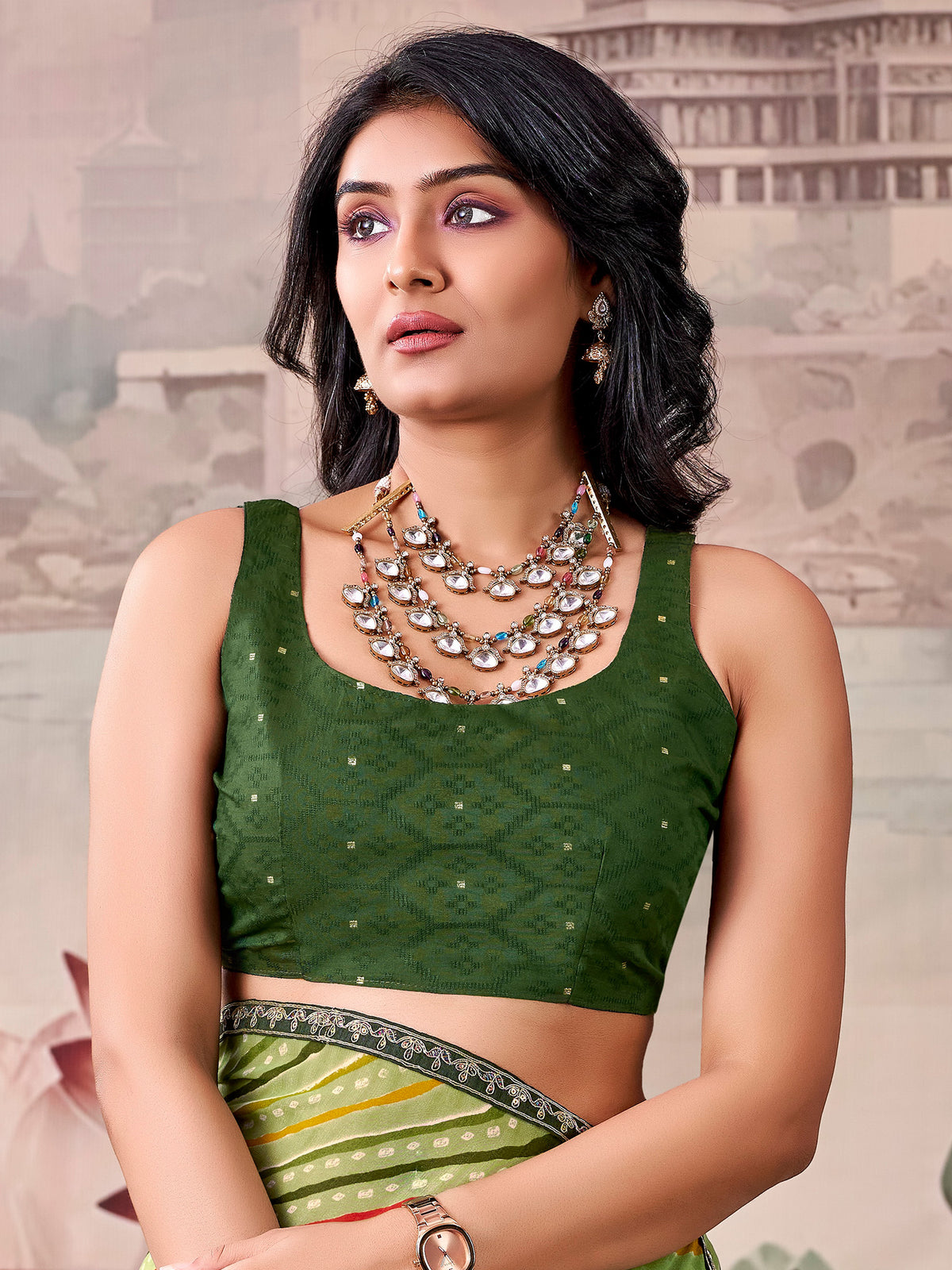Unstitched green georgette blouse piece with zari butta design