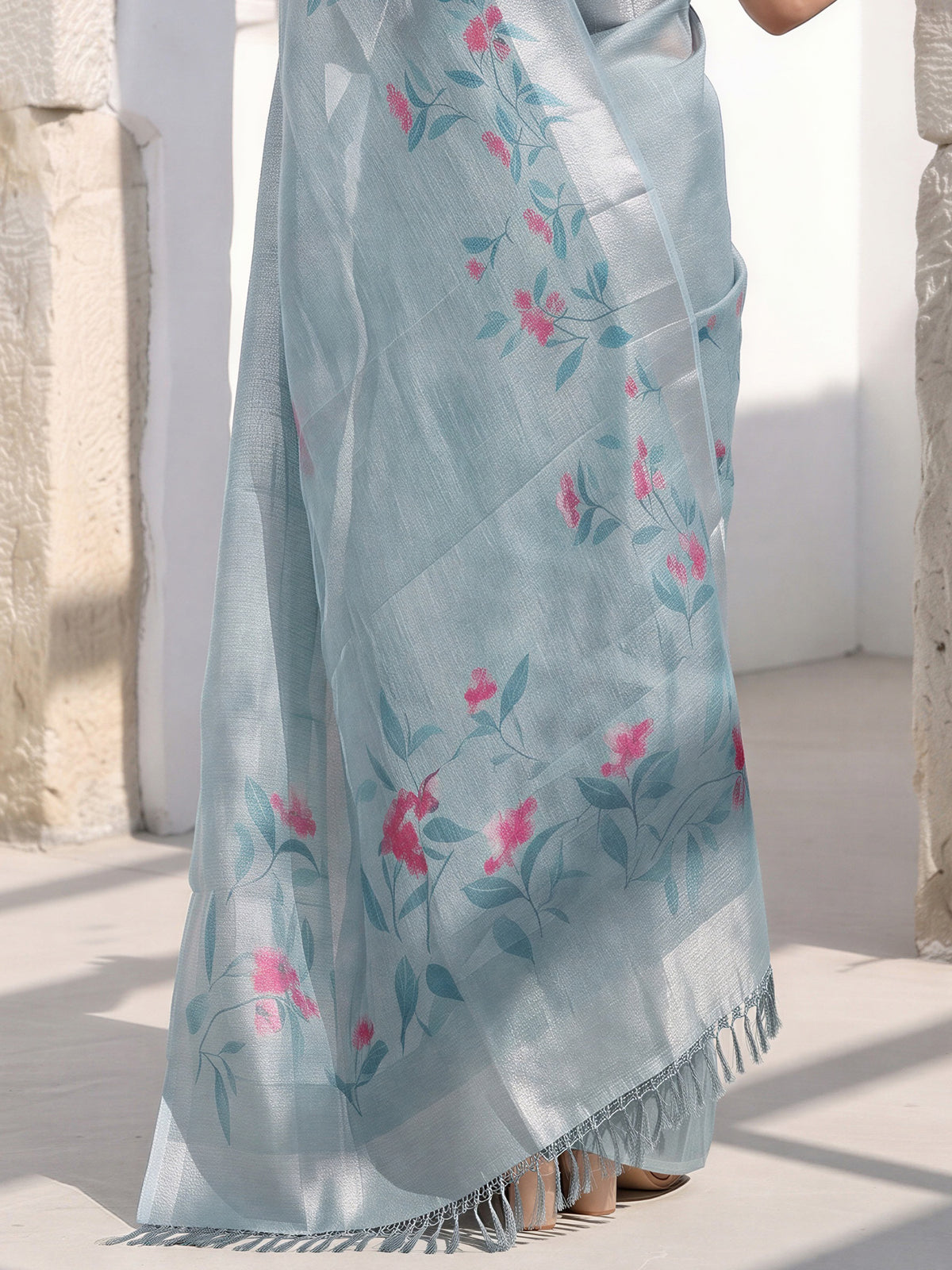 Teal Blue Cotton Silk saree – detail view 5