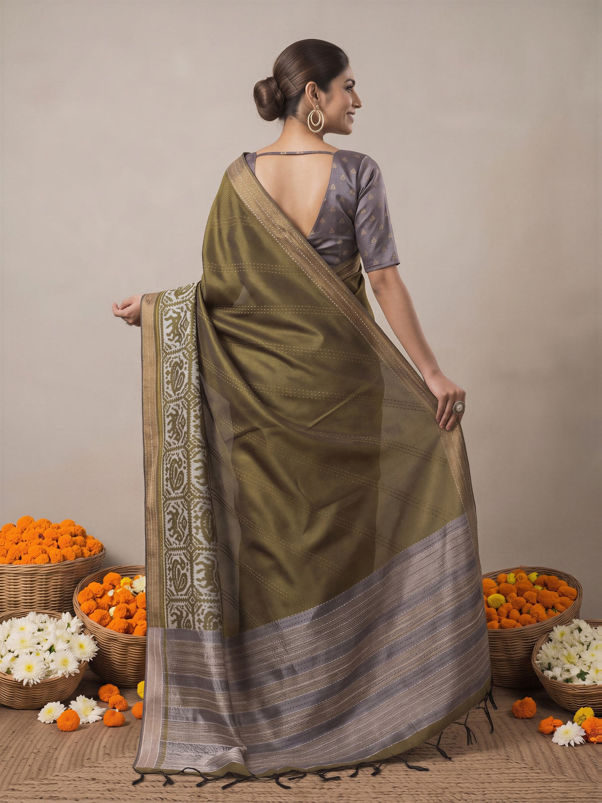 Olive Silk Cotton saree – detail view 1