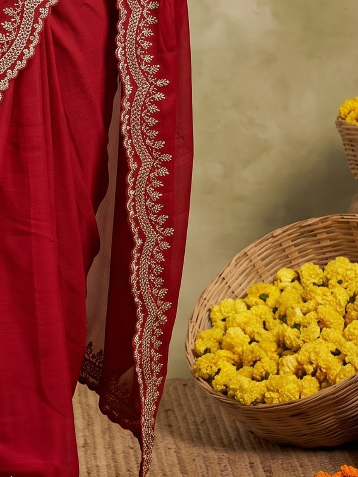 Pallu detail of red satin silk saree showing embroidered motif work and embroidered border