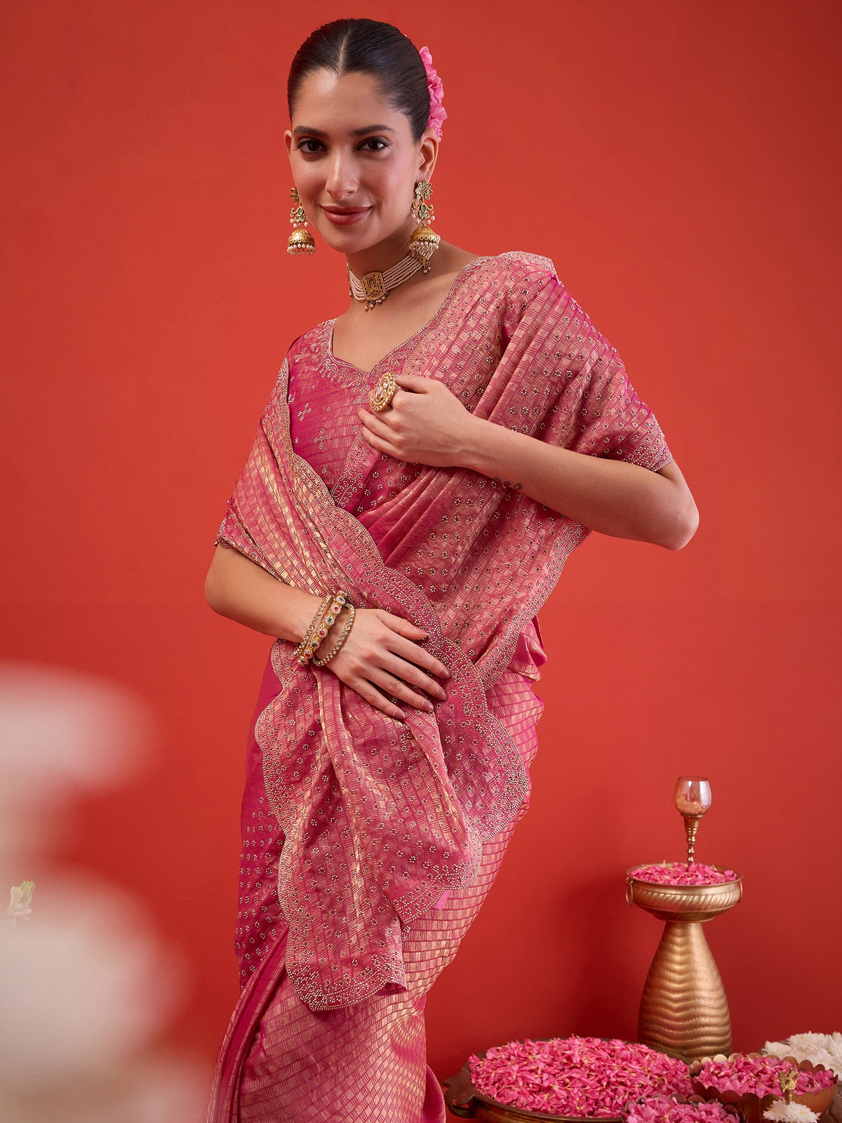Pink Satin saree – detail view 2