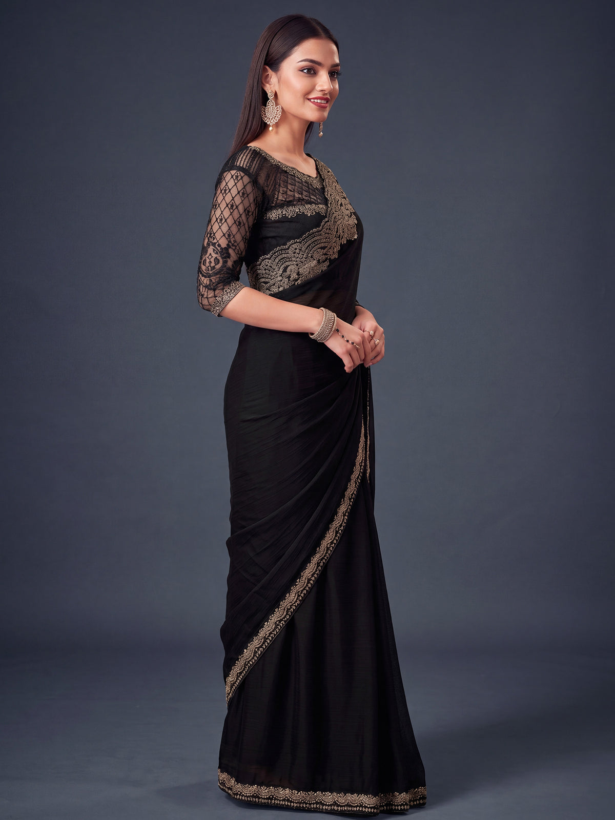 Black Satin Silk saree – detail view 1