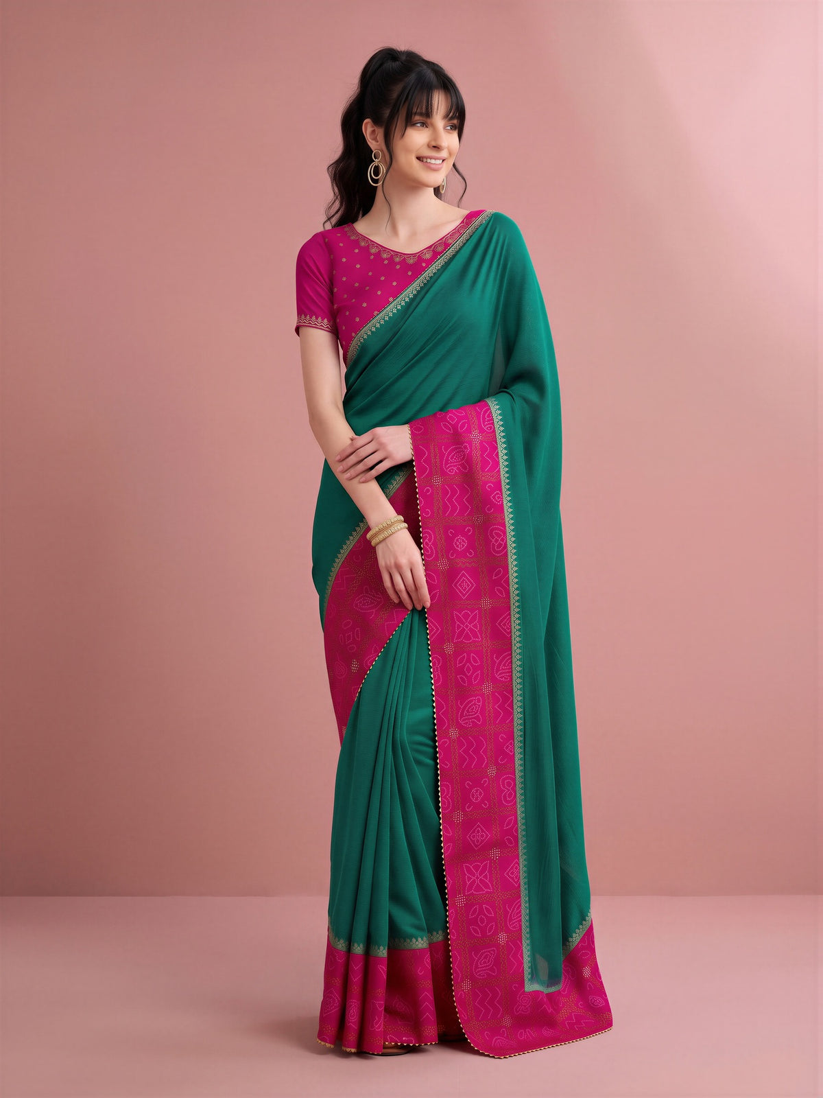 Teal Green Vichitra Silk saree – detail view 3