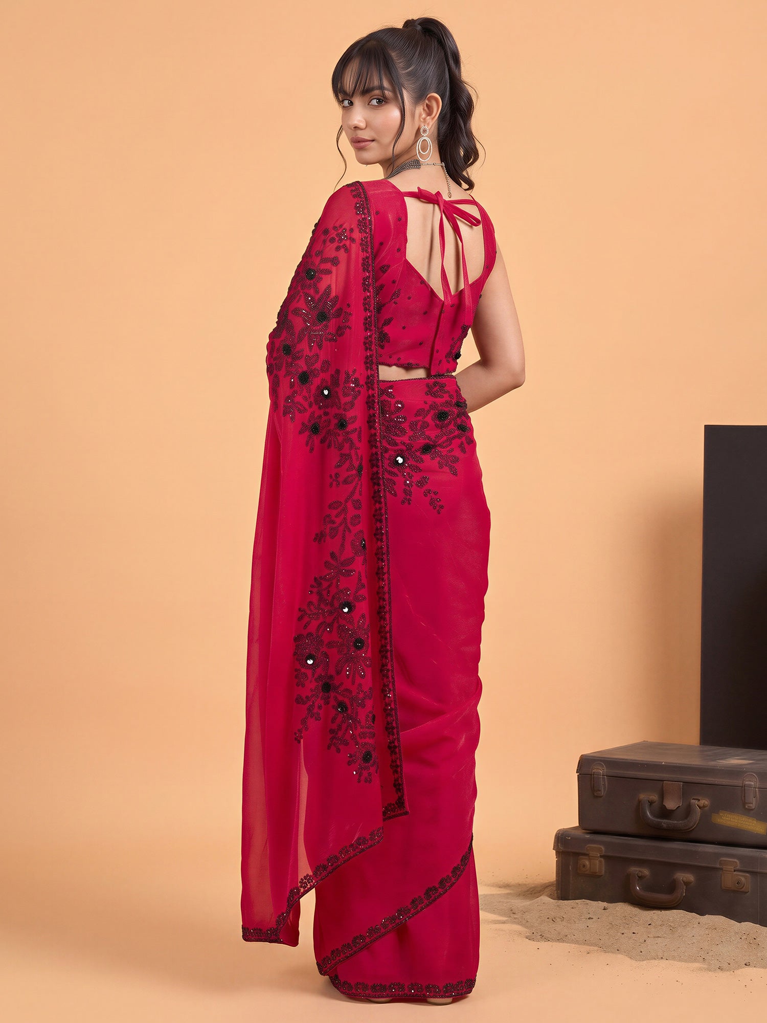 Pink Satin Silk saree – detail view 1