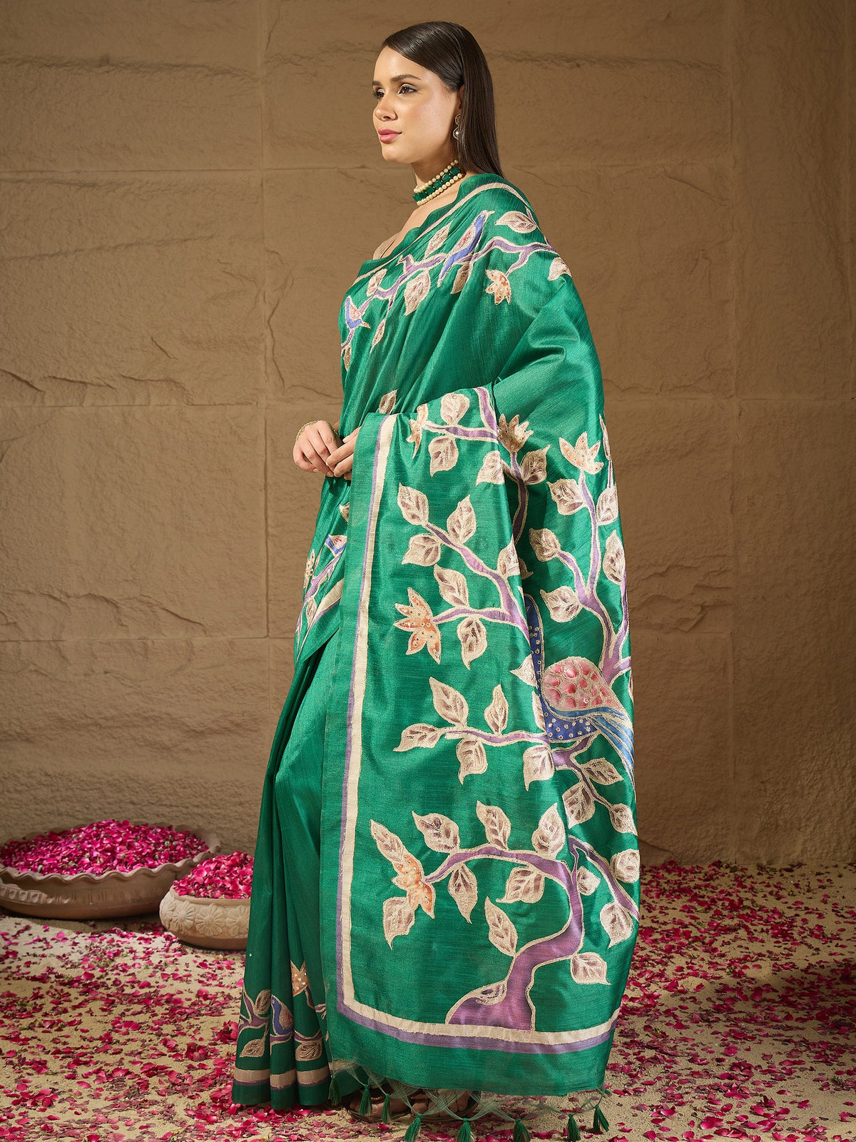 Teal Green art silk saree view 3