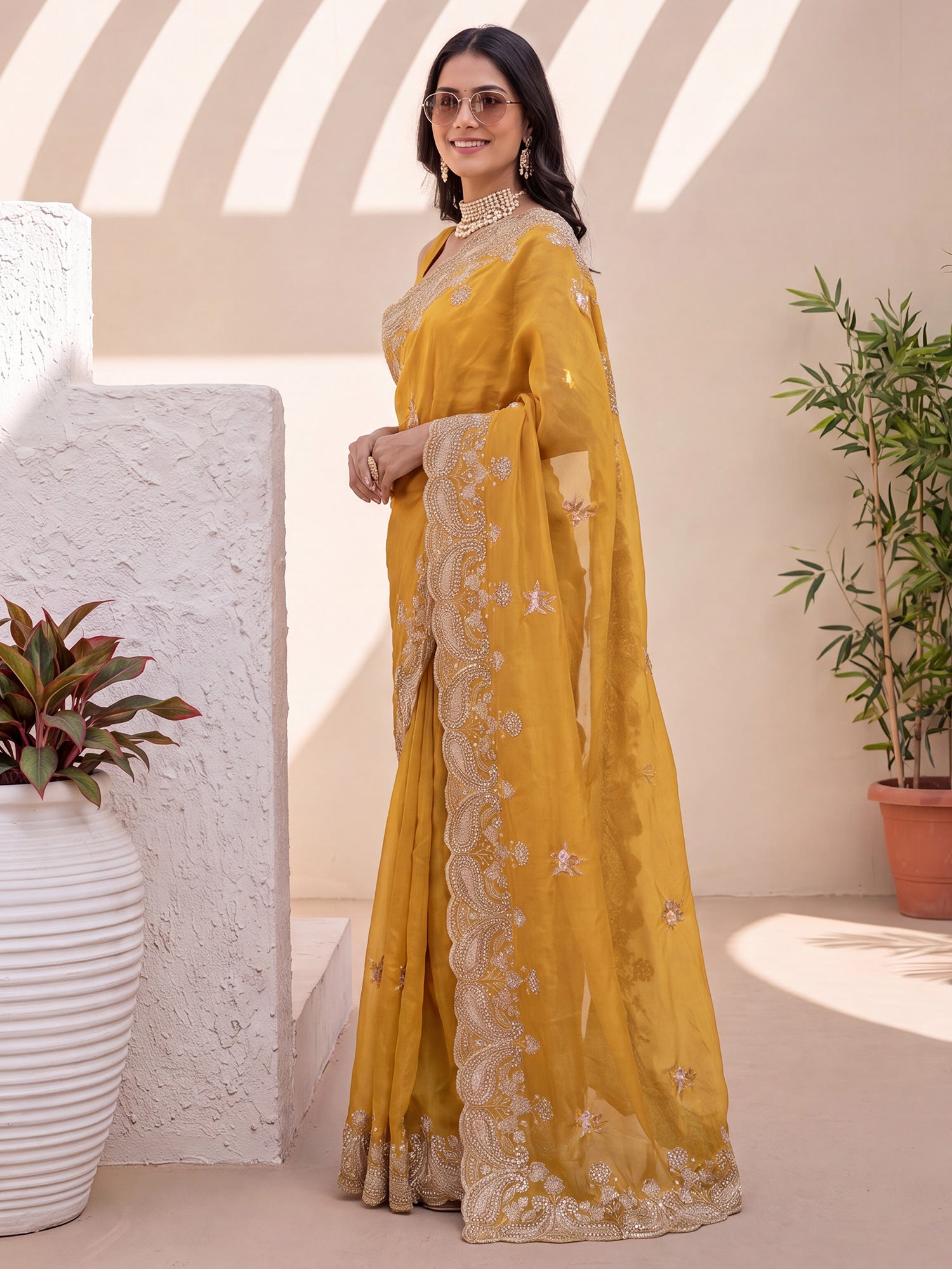 Mustard Satin saree – detail view 2