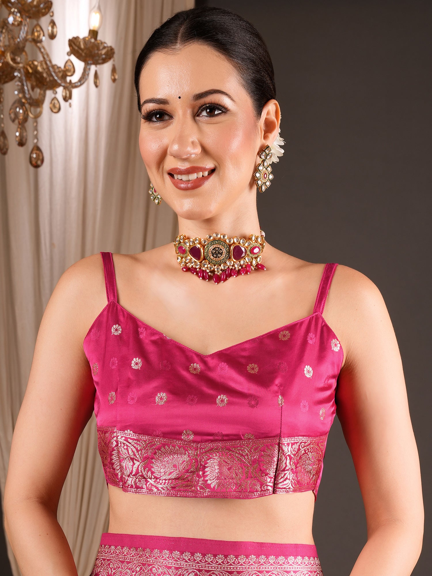 Unstitched pink silk blend blouse piece with zari butta design