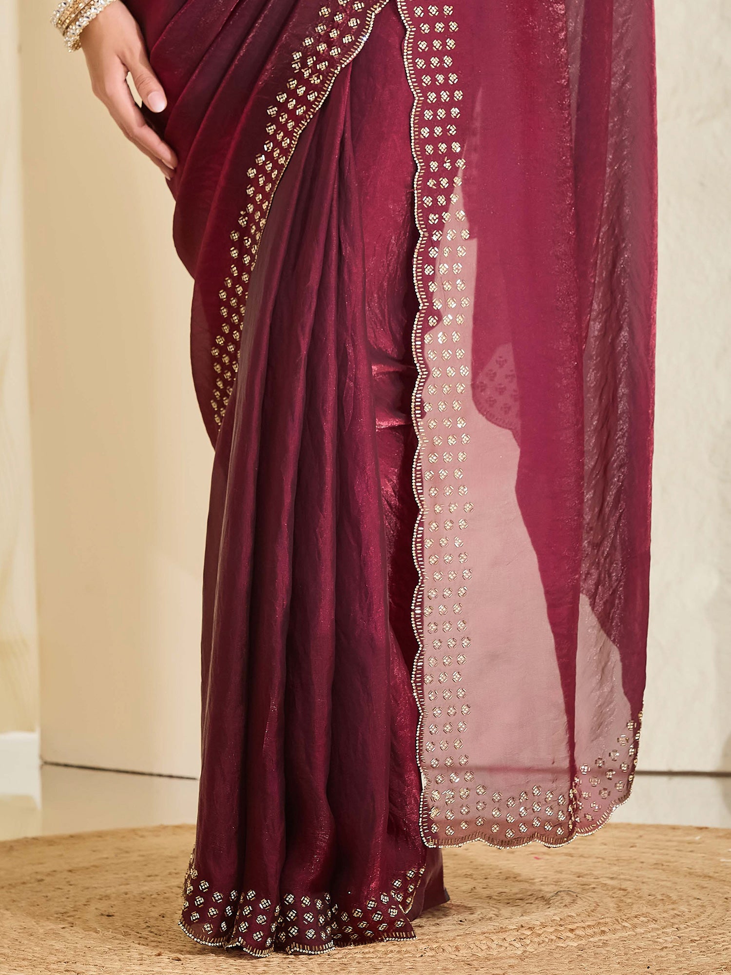 Wine Satin saree – detail view 5