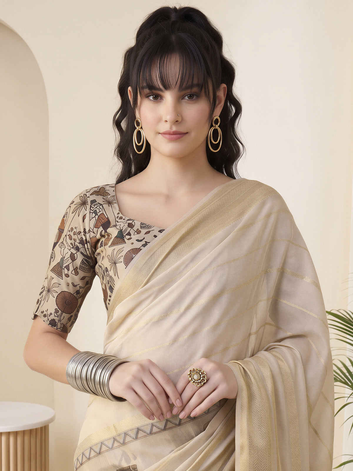 Cream Viscose Silk saree – detail view 4