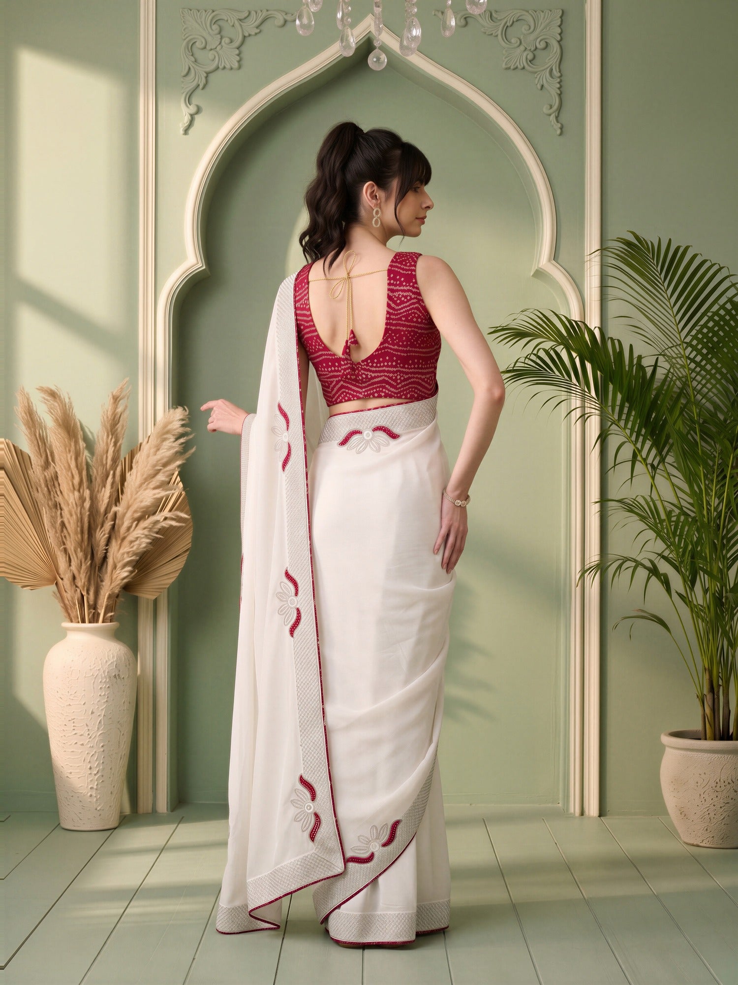 White Vichitra Silk saree – detail view 1