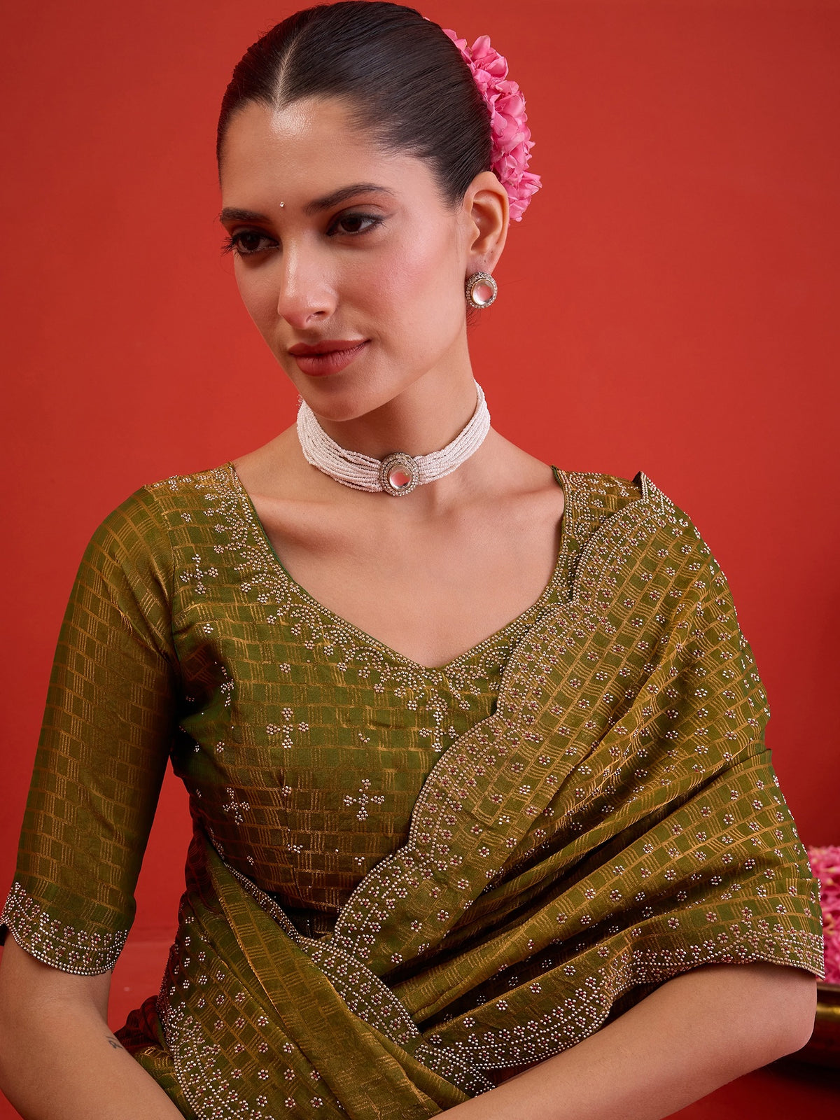 Olive Satin saree – detail view 3