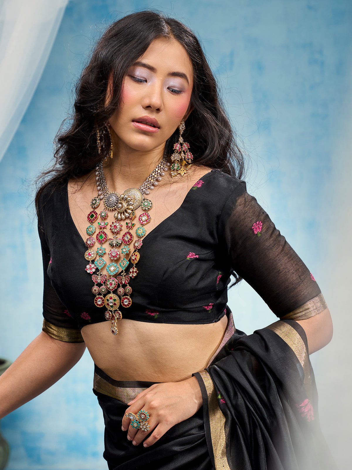 Unstitched black muga cotton blouse piece with woven design design