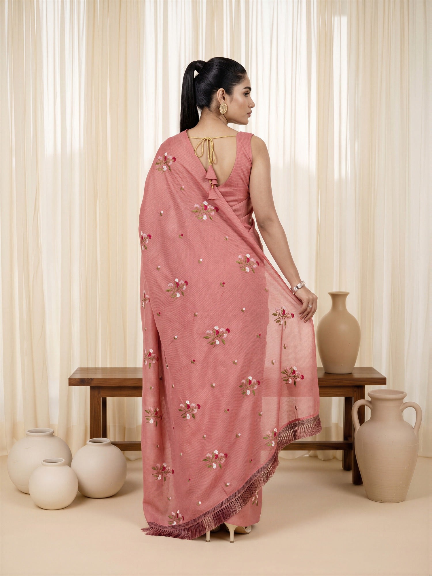 Peach Kota Doria Cotton saree – detail view 1