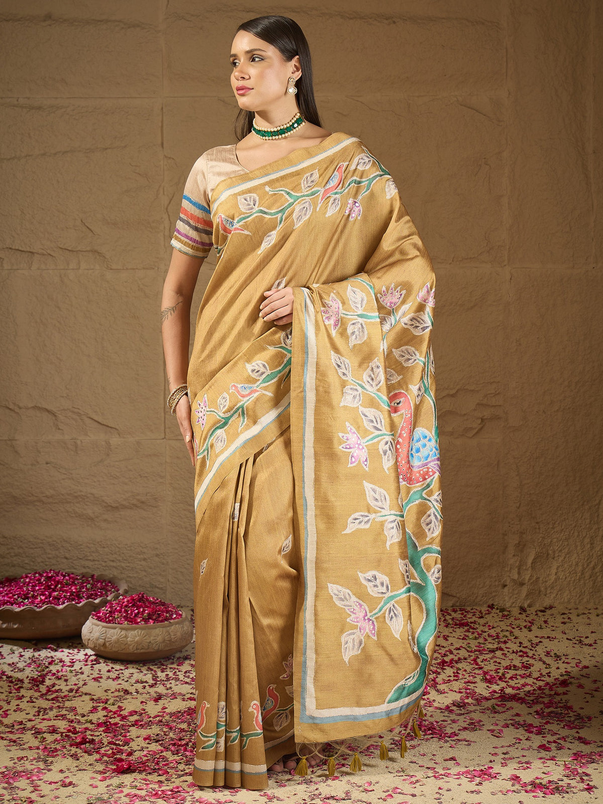 Mustard ethnic motif art silk saree with beige blouse piece