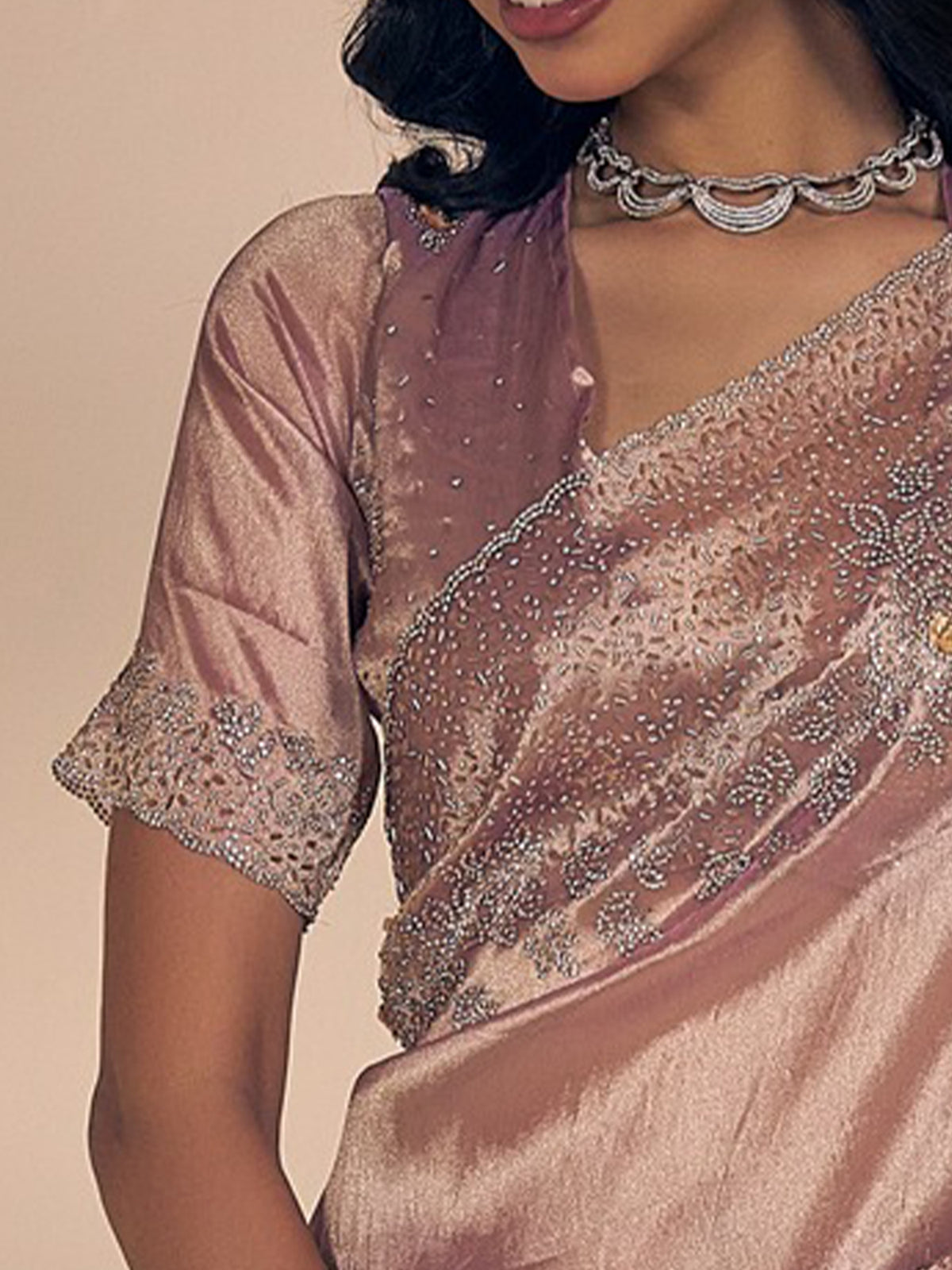 Unstitched pink organza blouse piece with embellished design
