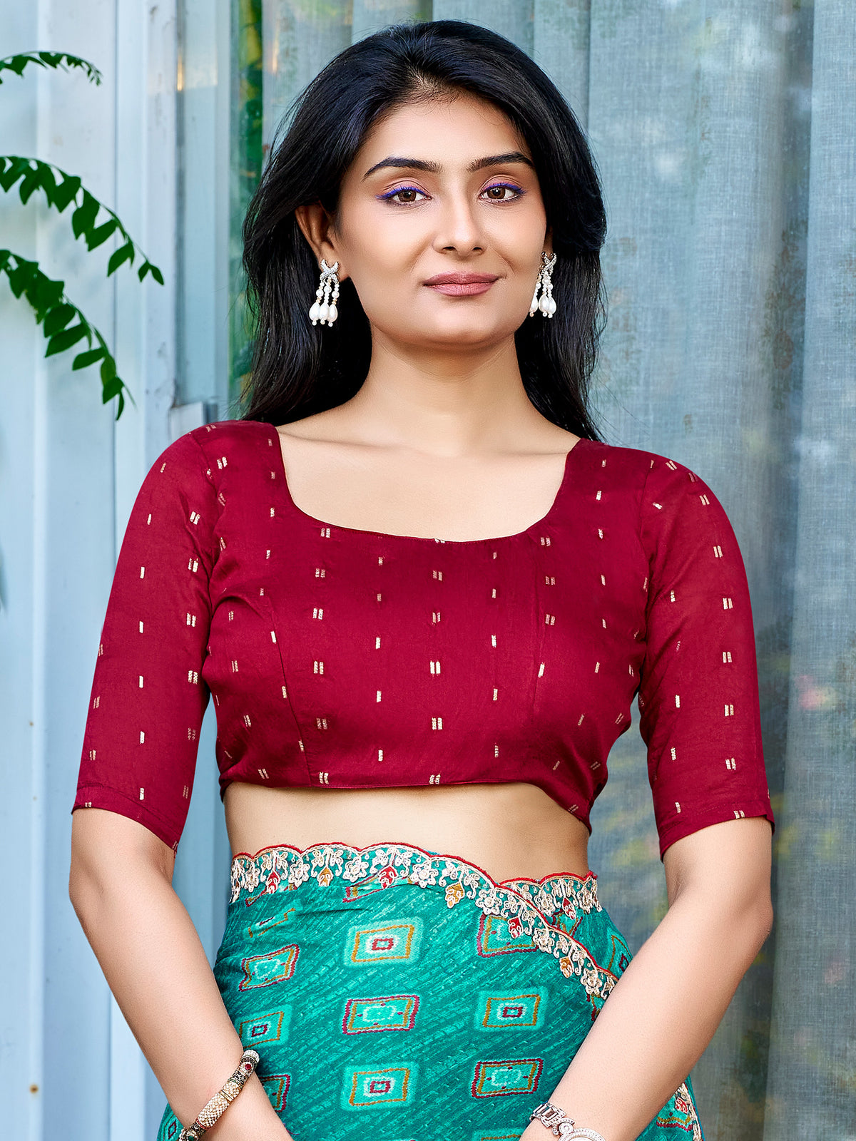 Unstitched maroon georgette blouse piece with zari butta design