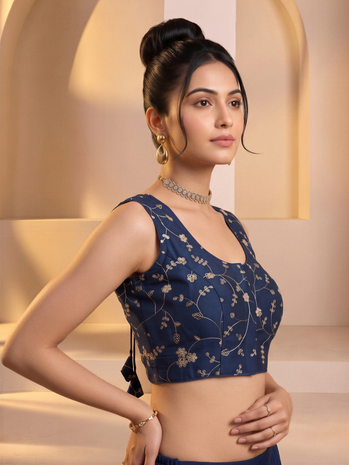 Teal Blue sequin embroidered vichitra silk sleeveless readymade saree blouse with round neck view 2