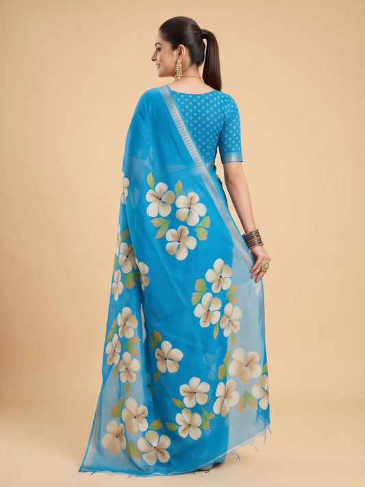 Turquoise Blue Georgette saree – detail view 1