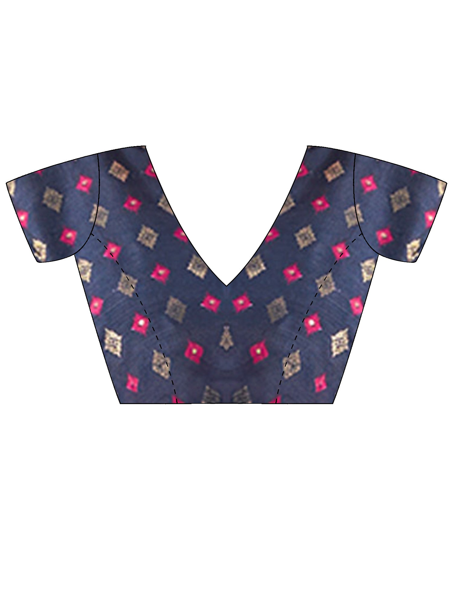 Unstitched navy blue silk blend blouse piece with ethnic motif design