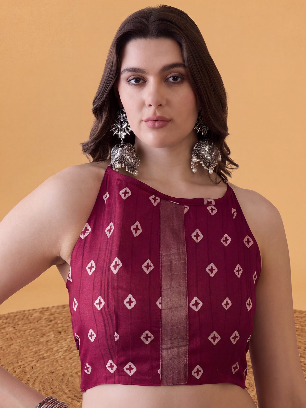 Unstitched magenta silk blend blouse piece with batik design