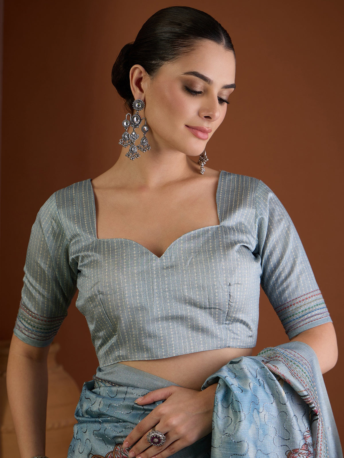 Light Blue art silk saree view 1