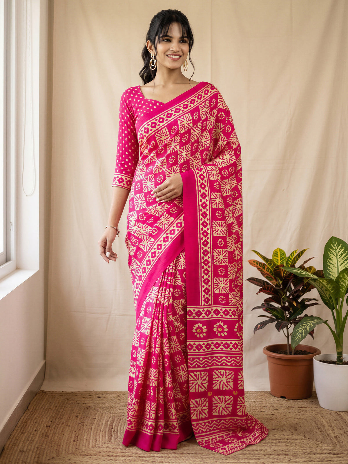 Woman wearing pink cotton blend saree with batik wax-resist design and pink blouse
