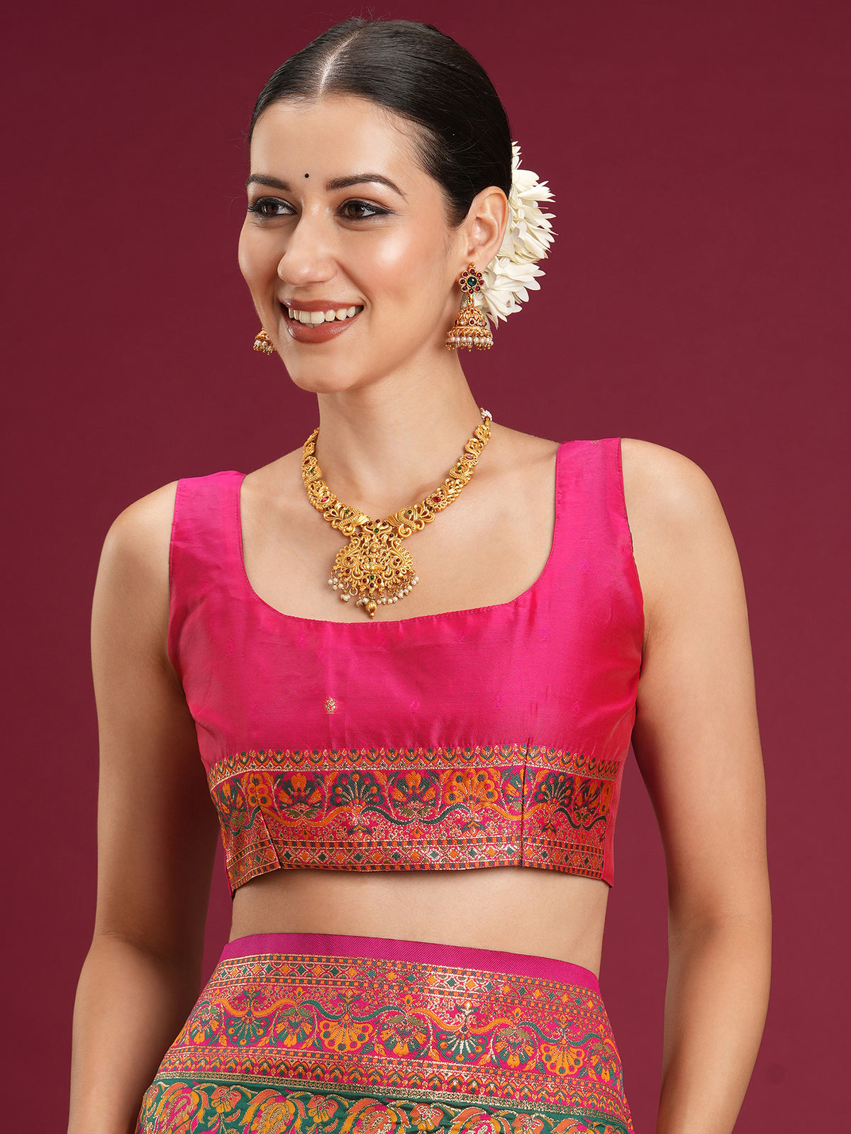 Unstitched pink soft silk blouse piece with zari butta design