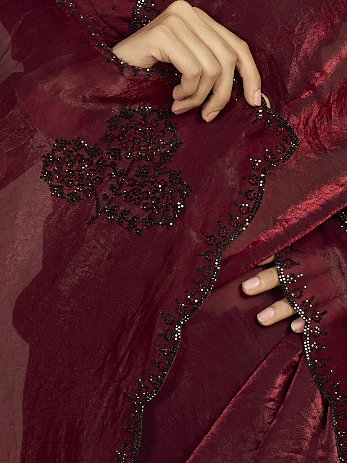 Maroon satin silk saree view 6