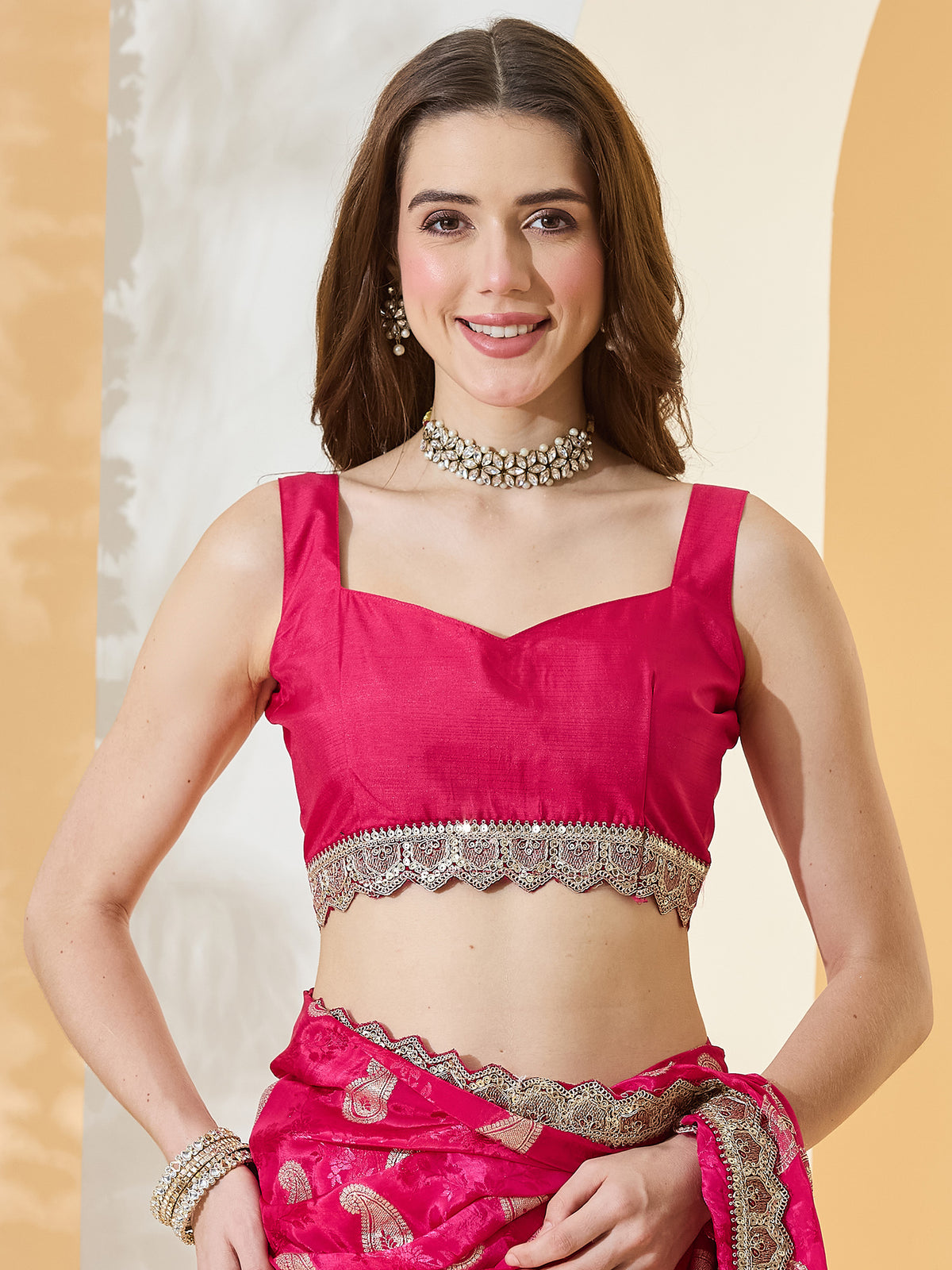 Unstitched pink viscose silk blouse piece with embellished design