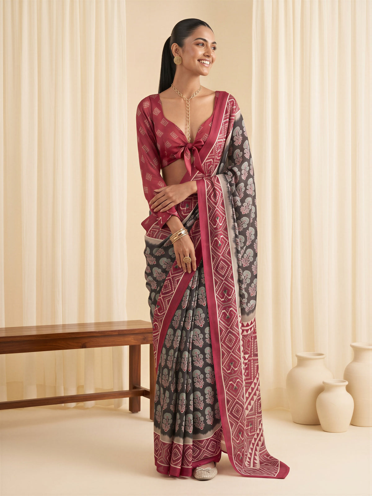Black Satin saree – detail view 3