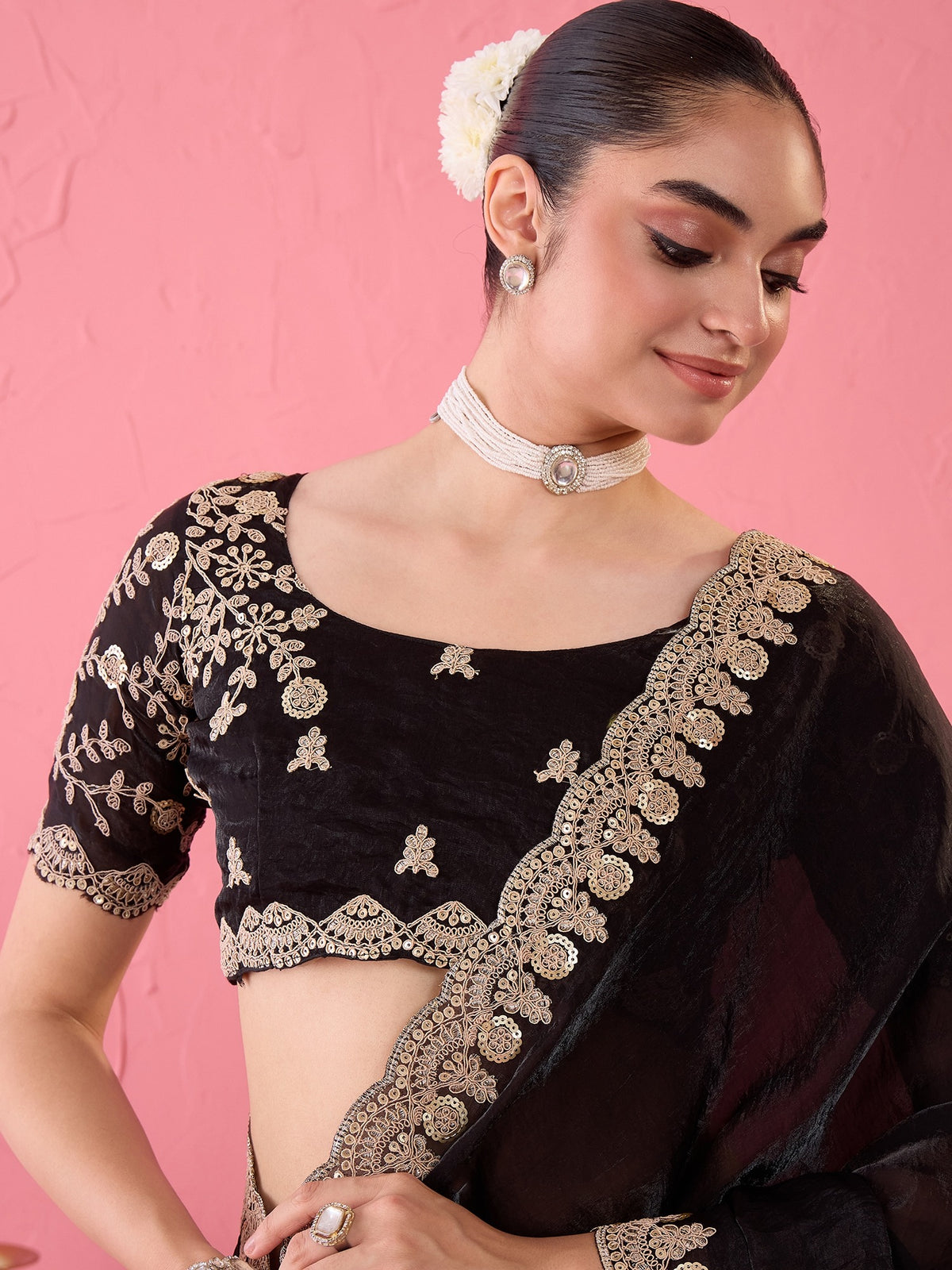 Black Satin saree – detail view 3