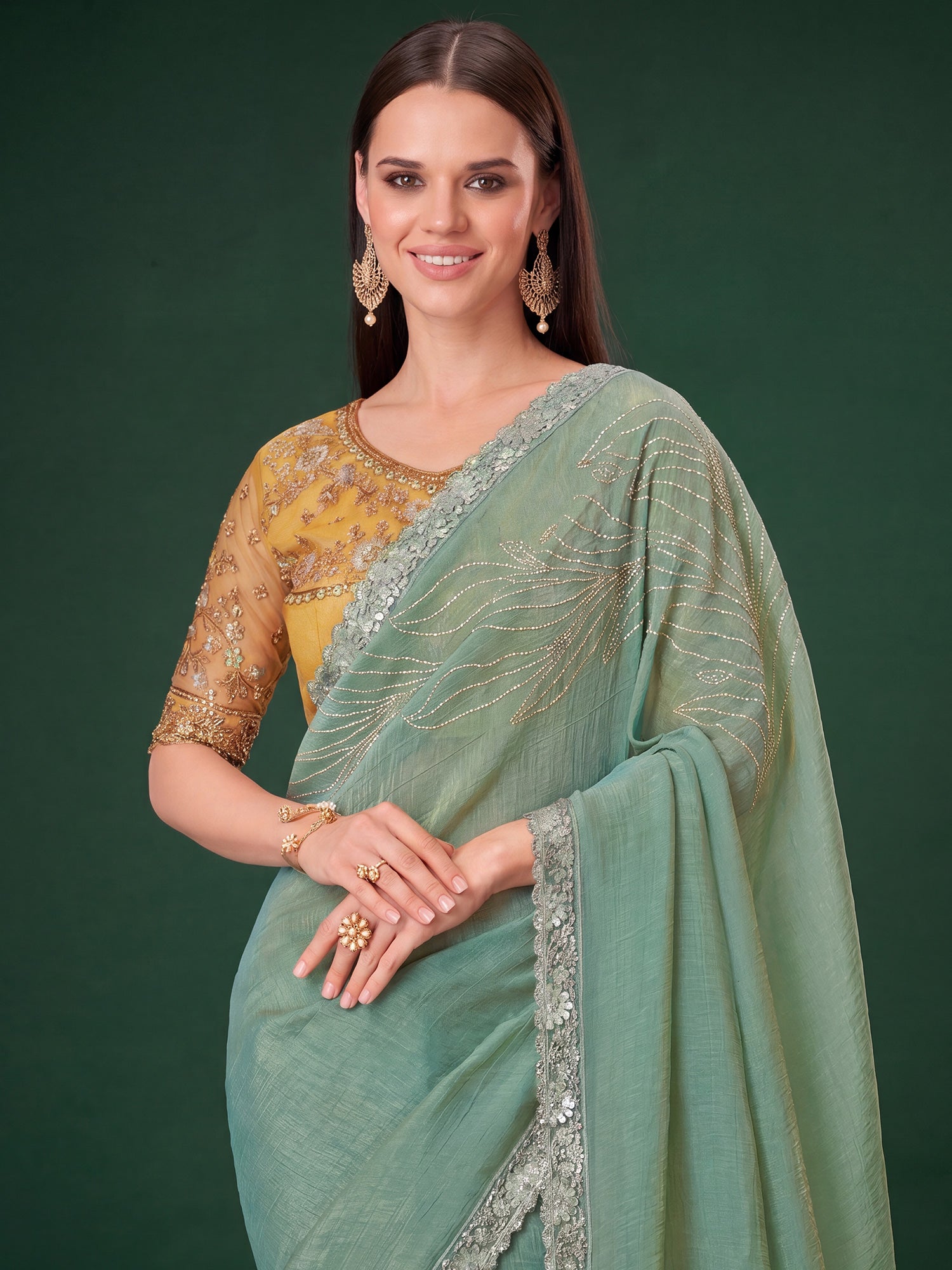 Sea Green Satin Silk saree – detail view 3