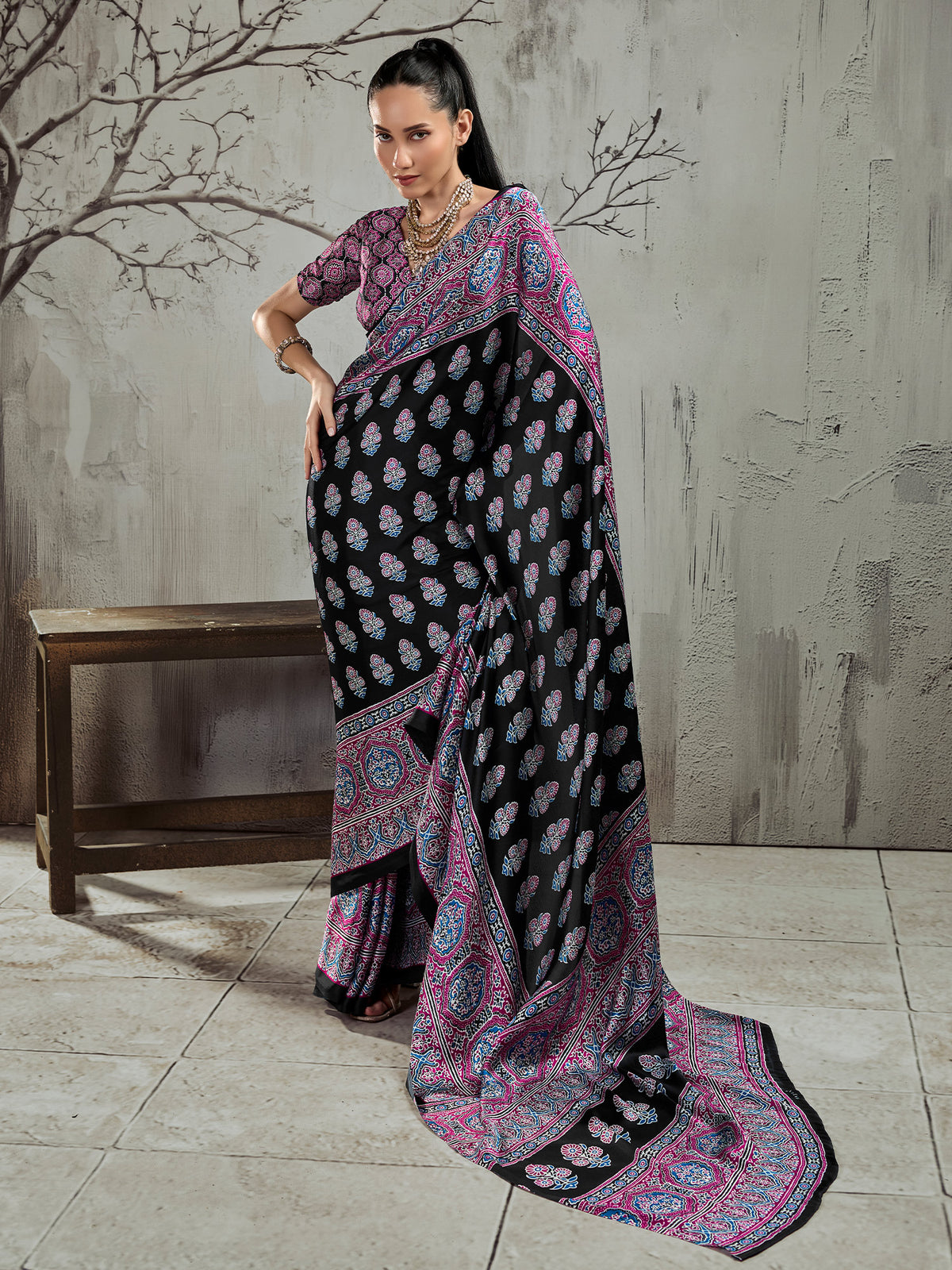 Black ajrak satin saree with magenta blouse piece