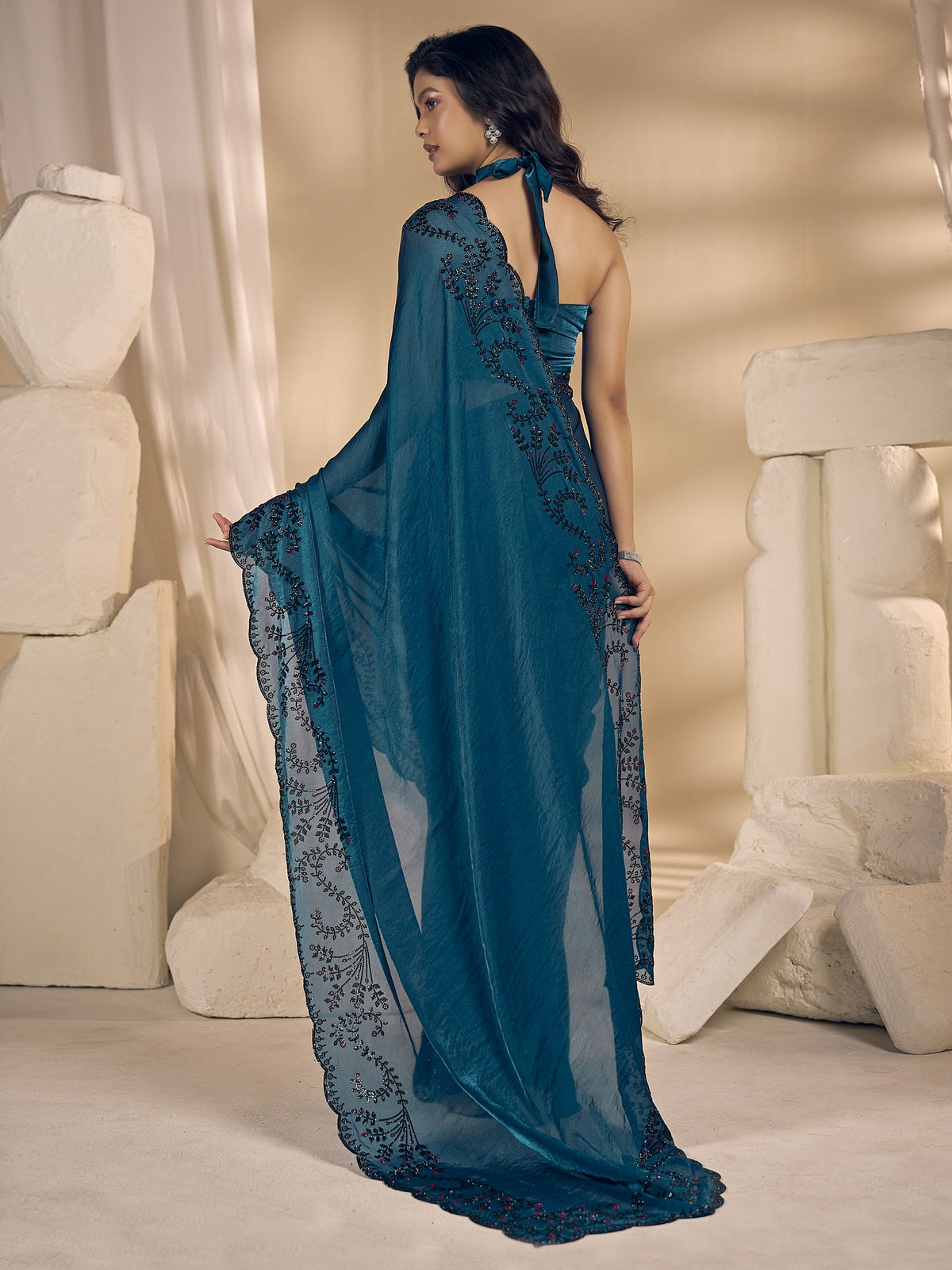 Teal Blue satin silk saree view 3